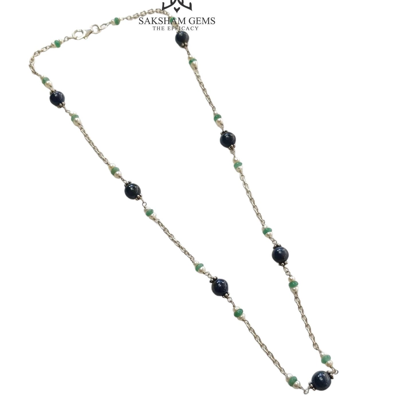 Blue Sapphire Green Emerald And White Pearl Natural Gemstones Round Beads 925 Sterling Silver 10.26gms NECKLACE Chain 18"