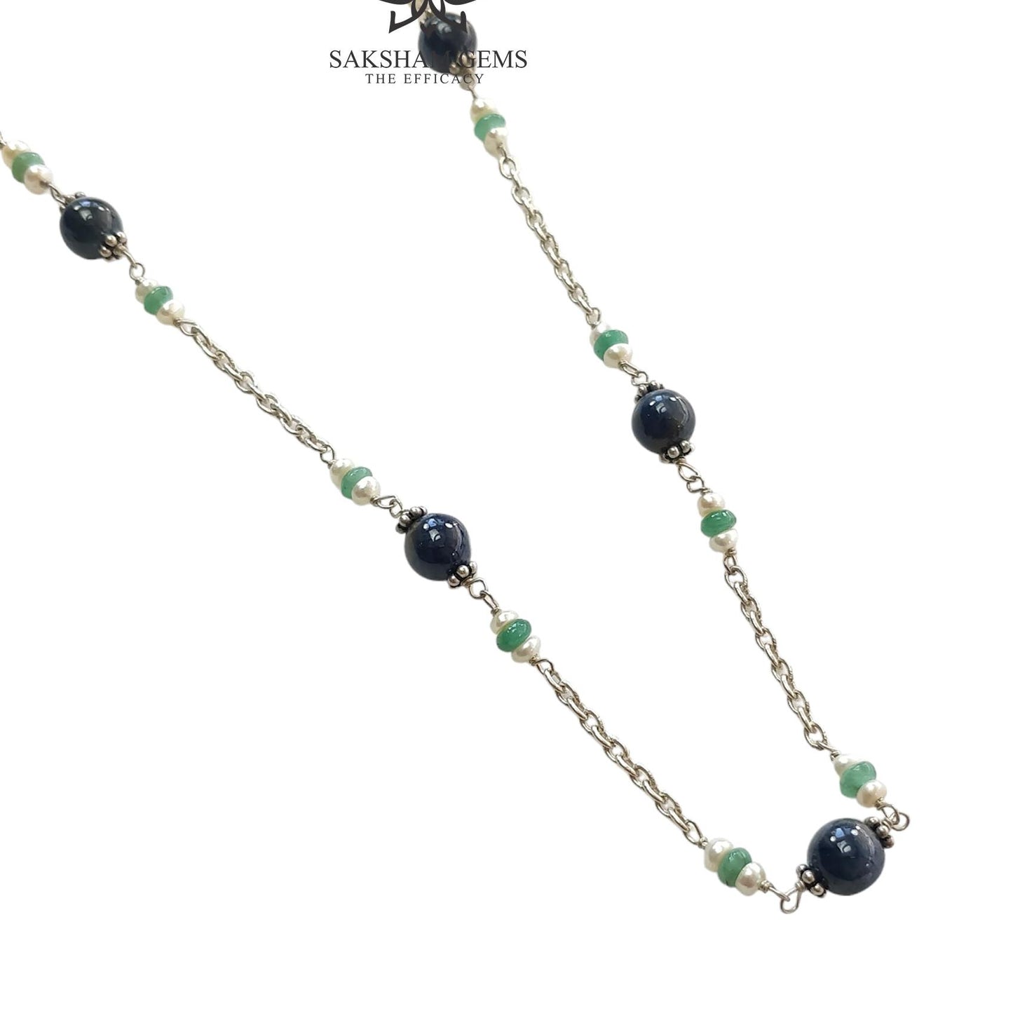 Blue Sapphire Green Emerald And White Pearl Natural Gemstones Round Beads 925 Sterling Silver 10.26gms NECKLACE Chain 18"