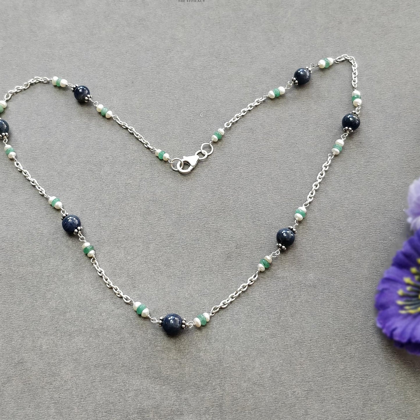 Blue Sapphire Green Emerald And White Pearl Natural Gemstones Round Beads 925 Sterling Silver 10.26gms NECKLACE Chain 18"