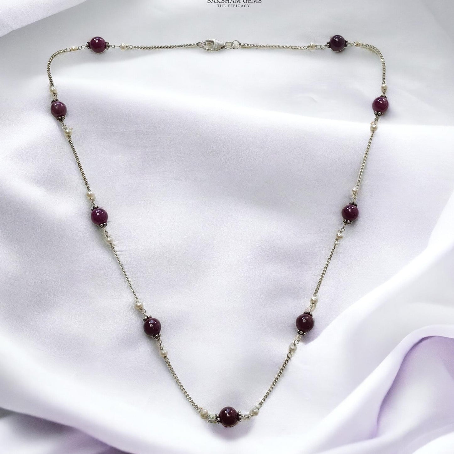 RUBY Gemstone Beaded NECKLACE : 10.52gms Natural Untreated Plain Round Shape Ruby & Pearl With 925 Sterling Silver 19"