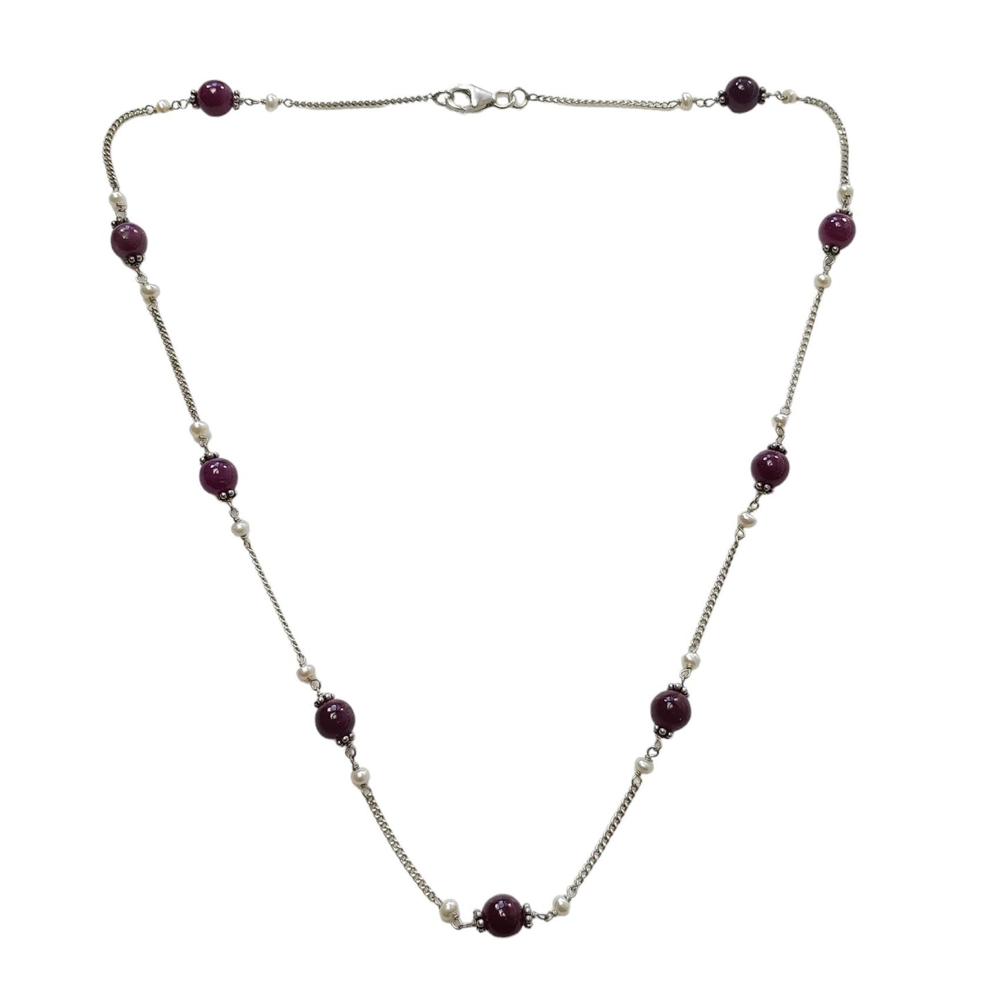 RUBY Gemstone Beaded NECKLACE : 10.52gms Natural Untreated Plain Round Shape Ruby & Pearl With 925 Sterling Silver 19"
