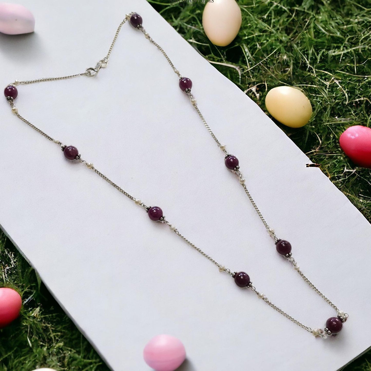 RUBY Gemstone Beaded NECKLACE : 10.52gms Natural Untreated Plain Round Shape Ruby & Pearl With 925 Sterling Silver 19"