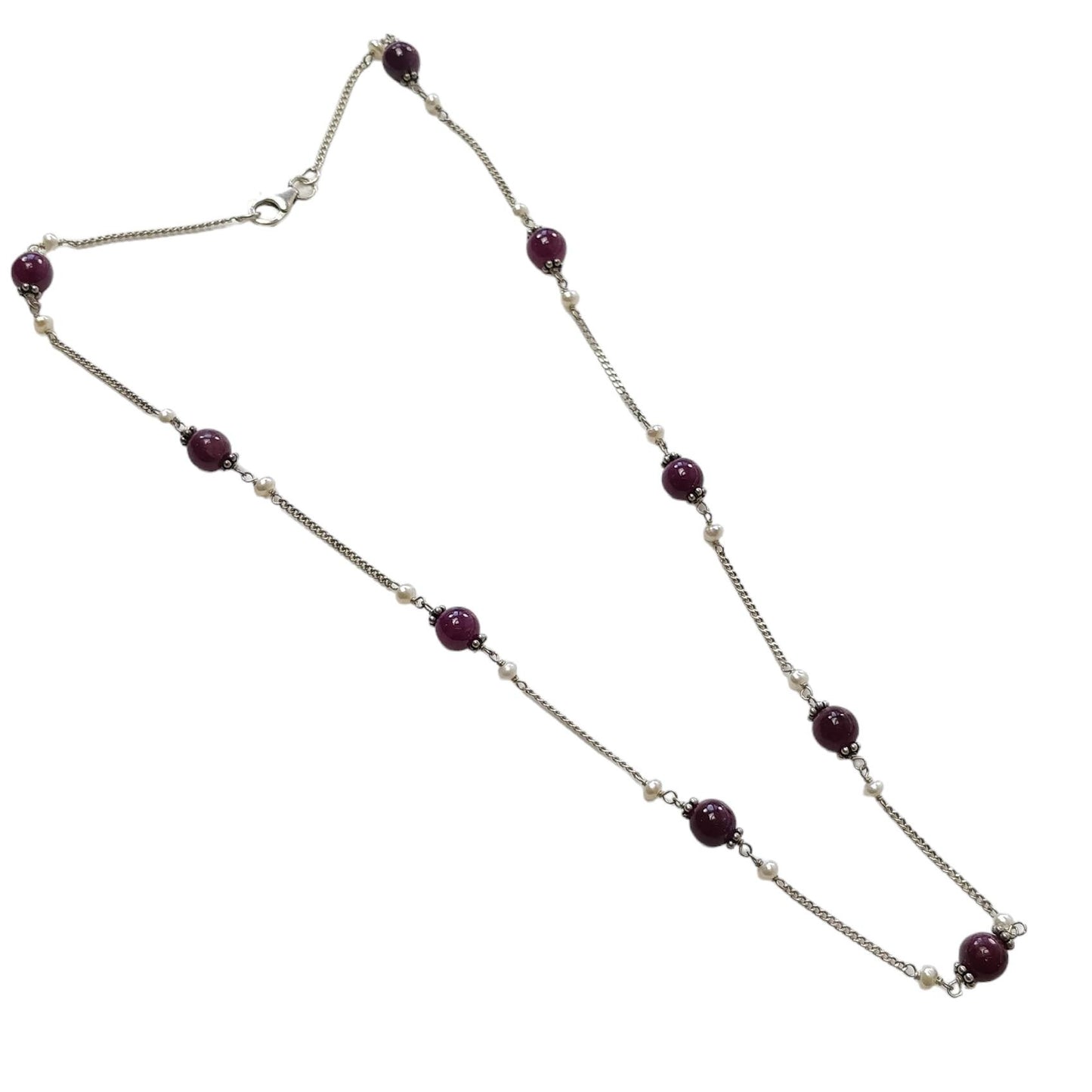 RUBY Gemstone Beaded NECKLACE : 10.52gms Natural Untreated Plain Round Shape Ruby & Pearl With 925 Sterling Silver 19"