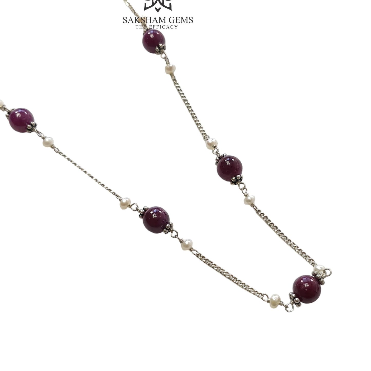 RUBY Gemstone Beaded NECKLACE : 10.52gms Natural Untreated Plain Round Shape Ruby & Pearl With 925 Sterling Silver 19"