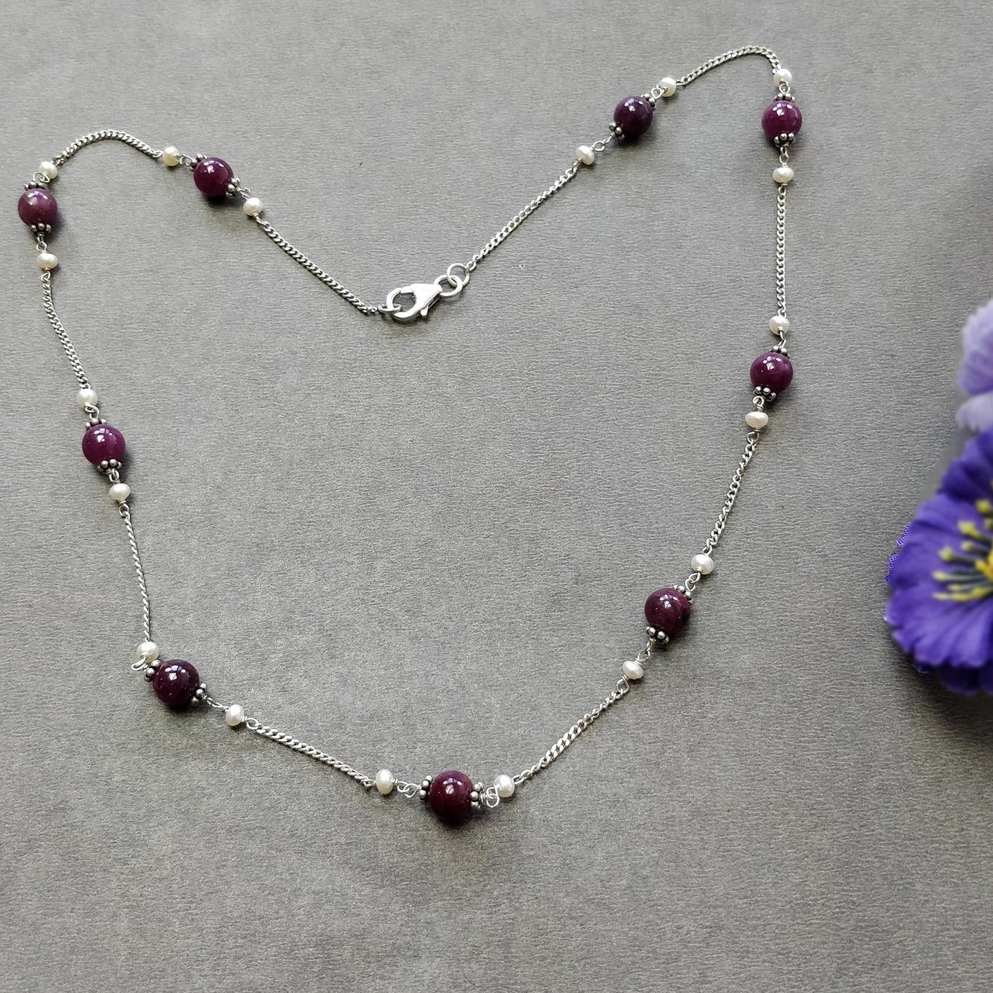 RUBY Gemstone Beaded NECKLACE : 10.52gms Natural Untreated Plain Round Shape Ruby & Pearl With 925 Sterling Silver 19"