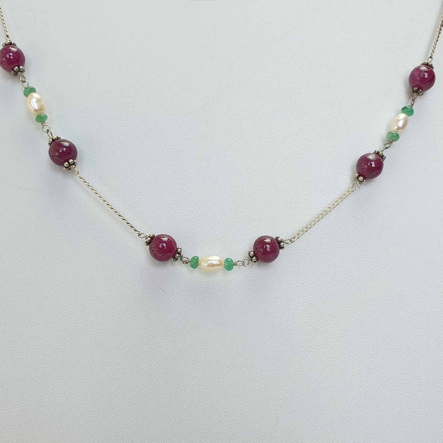 RUBY Gemstone Beaded NECKLACE : 11.19gms Natural Untreated Plain Round Shape Ruby & Pearl With 925 Sterling Silver 16"