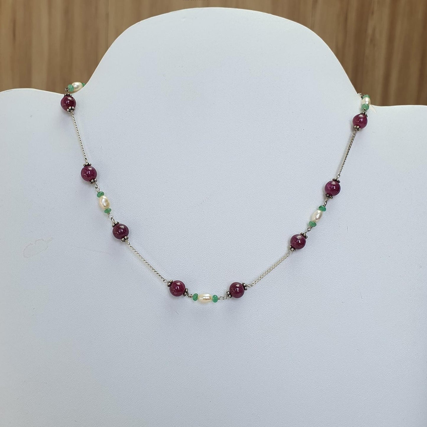 RUBY Gemstone Beaded NECKLACE : 11.19gms Natural Untreated Plain Round Shape Ruby & Pearl With 925 Sterling Silver 16"