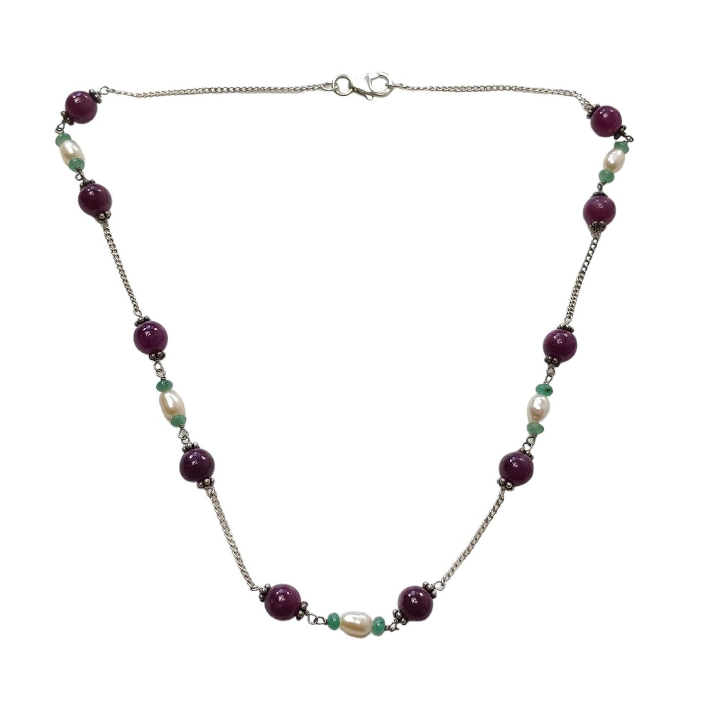 RUBY Gemstone Beaded NECKLACE : 11.19gms Natural Untreated Plain Round Shape Ruby & Pearl With 925 Sterling Silver 16"
