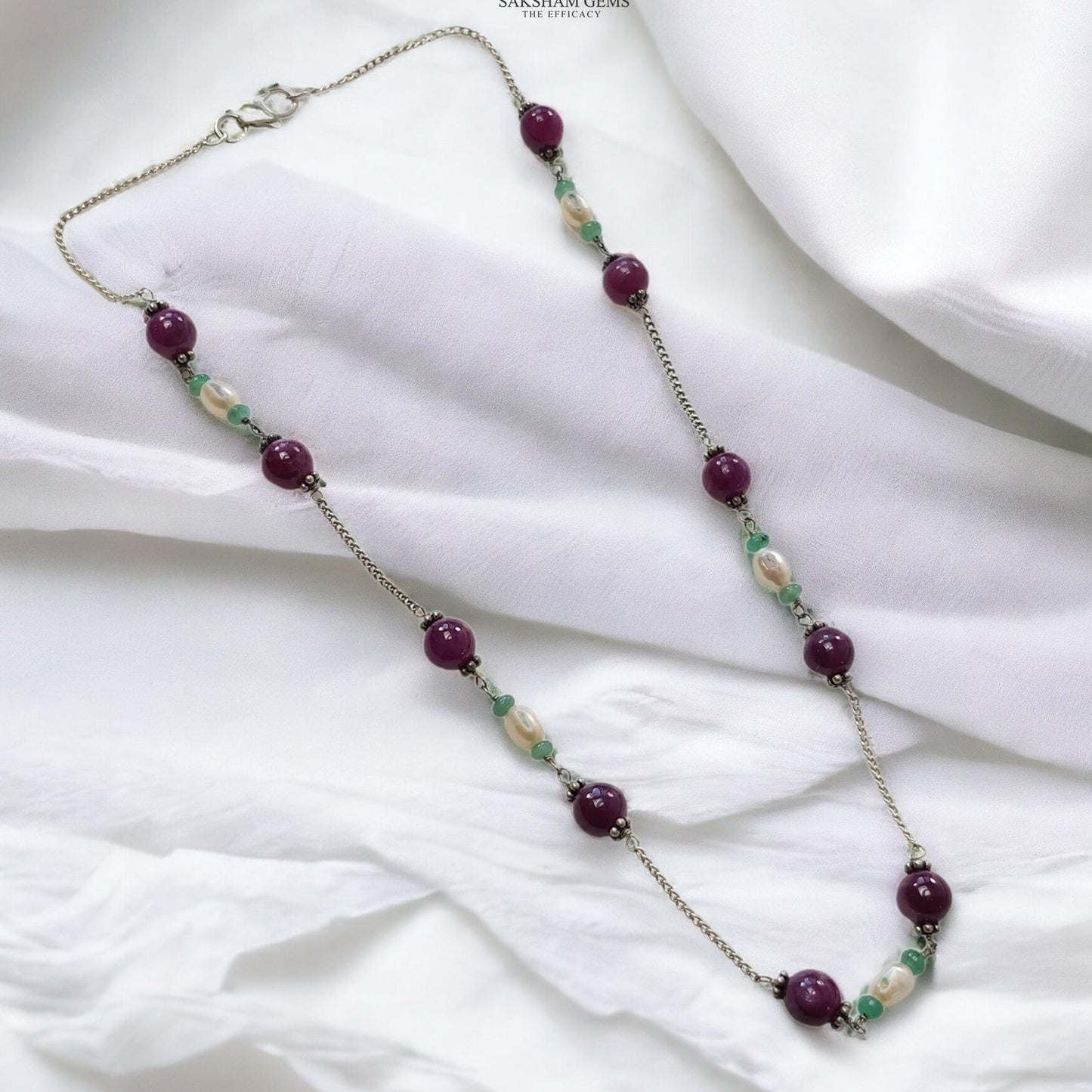 RUBY Gemstone Beaded NECKLACE : 11.19gms Natural Untreated Plain Round Shape Ruby & Pearl With 925 Sterling Silver 16"