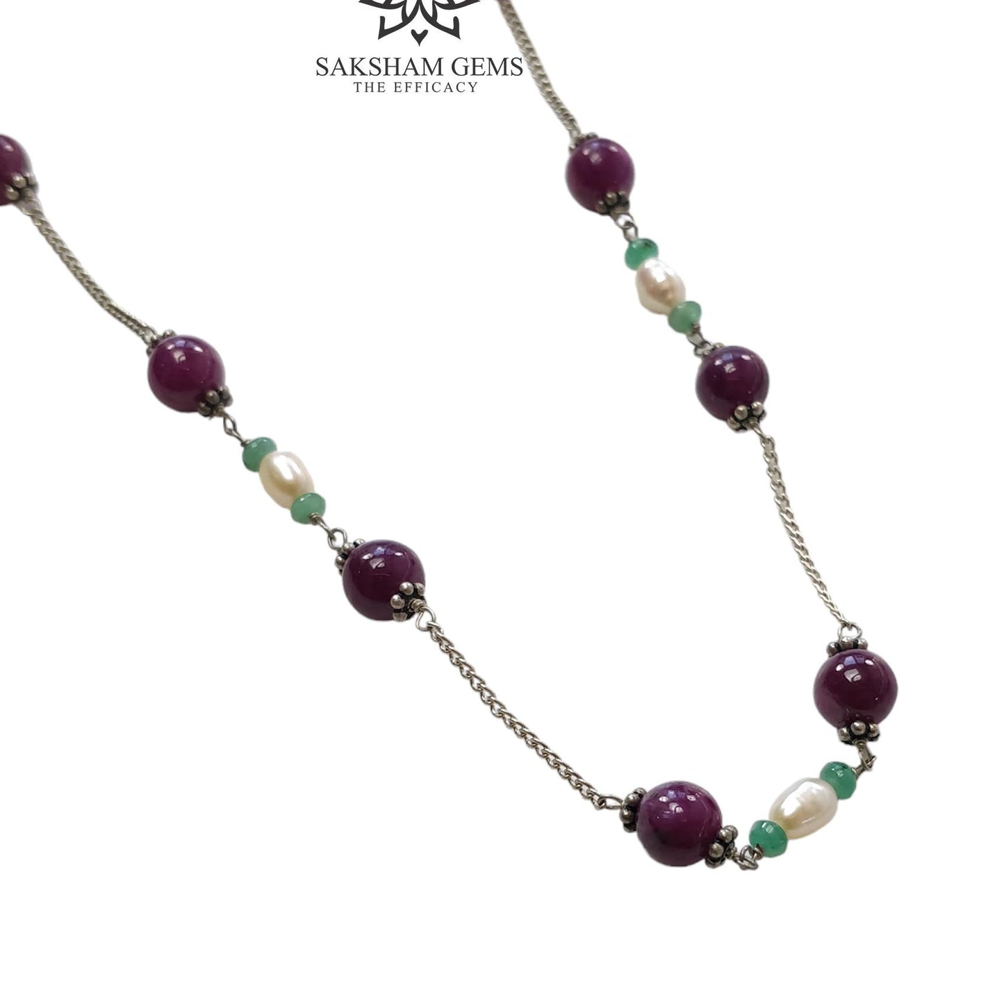 RUBY Gemstone Beaded NECKLACE : 11.19gms Natural Untreated Plain Round Shape Ruby & Pearl With 925 Sterling Silver 16"