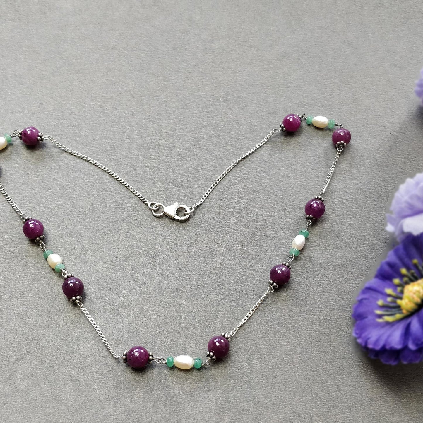 RUBY Gemstone Beaded NECKLACE : 11.19gms Natural Untreated Plain Round Shape Ruby & Pearl With 925 Sterling Silver 16"