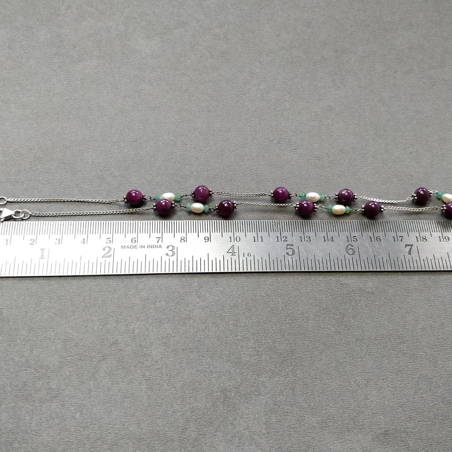 RUBY Gemstone Beaded NECKLACE : 11.19gms Natural Untreated Plain Round Shape Ruby & Pearl With 925 Sterling Silver 16"