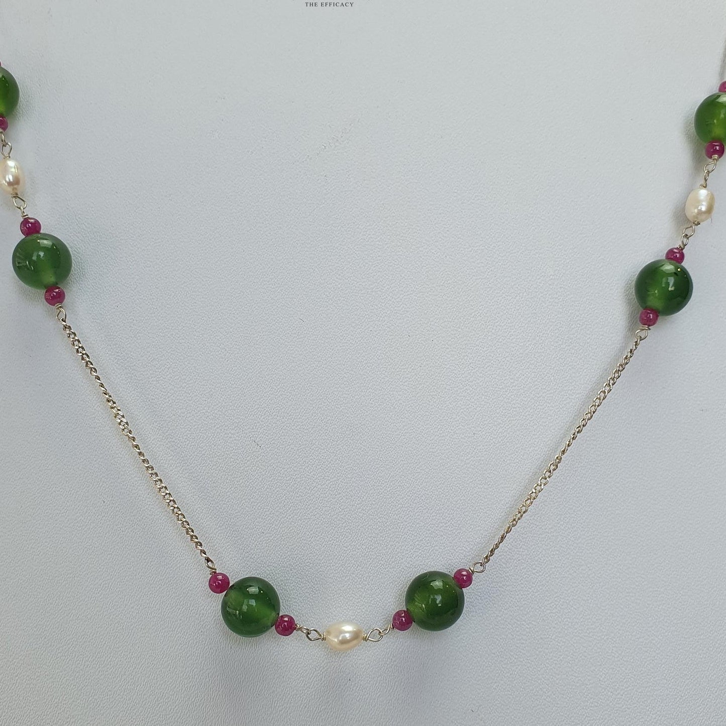 Green Serpentine & White Pearl Gemstones Beads Chain NECKLACE : 13.71gms 925 Sterling Silver Natural Plain Round Beaded Necklace 18"