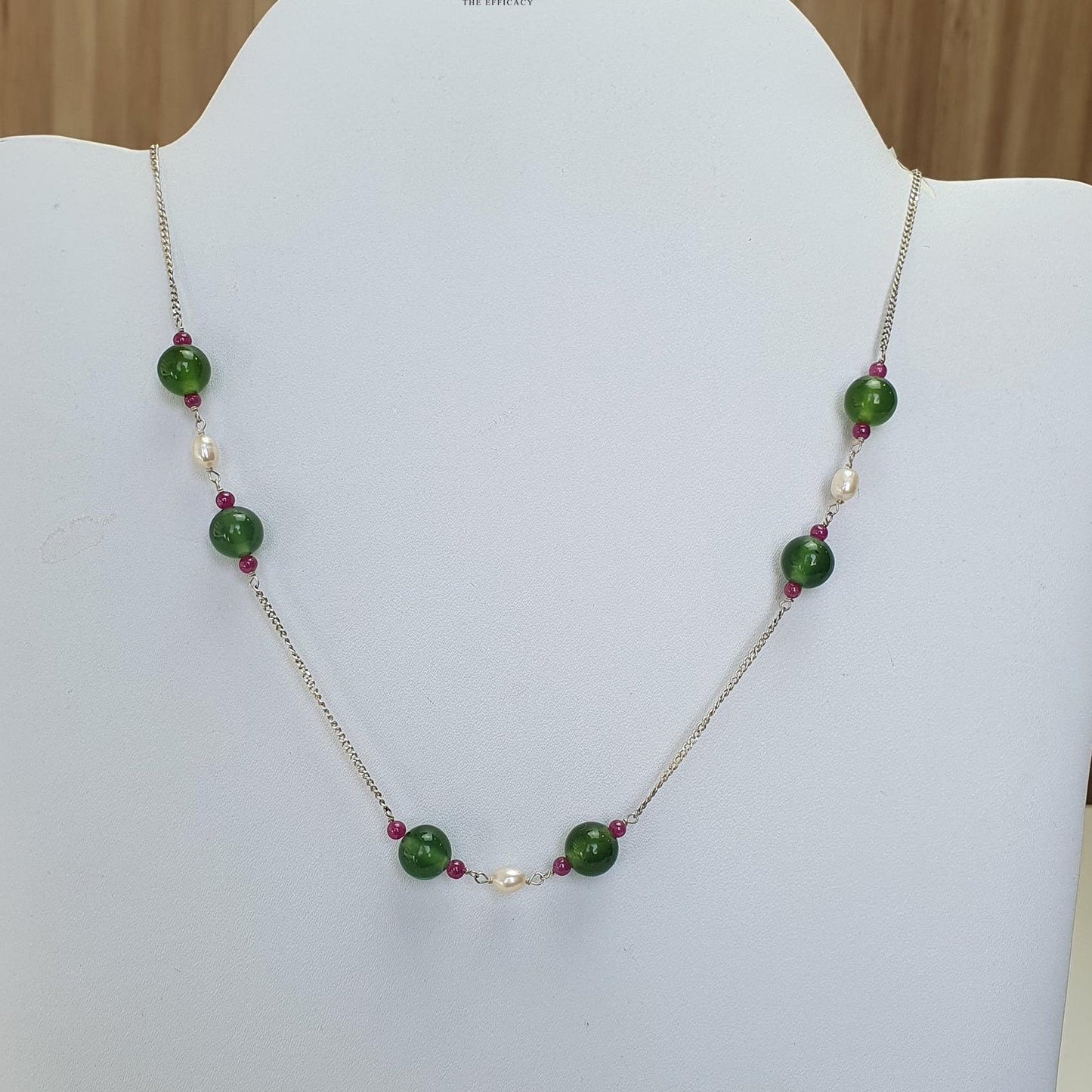 Green Serpentine & White Pearl Gemstones Beads Chain NECKLACE : 13.71gms 925 Sterling Silver Natural Plain Round Beaded Necklace 18"