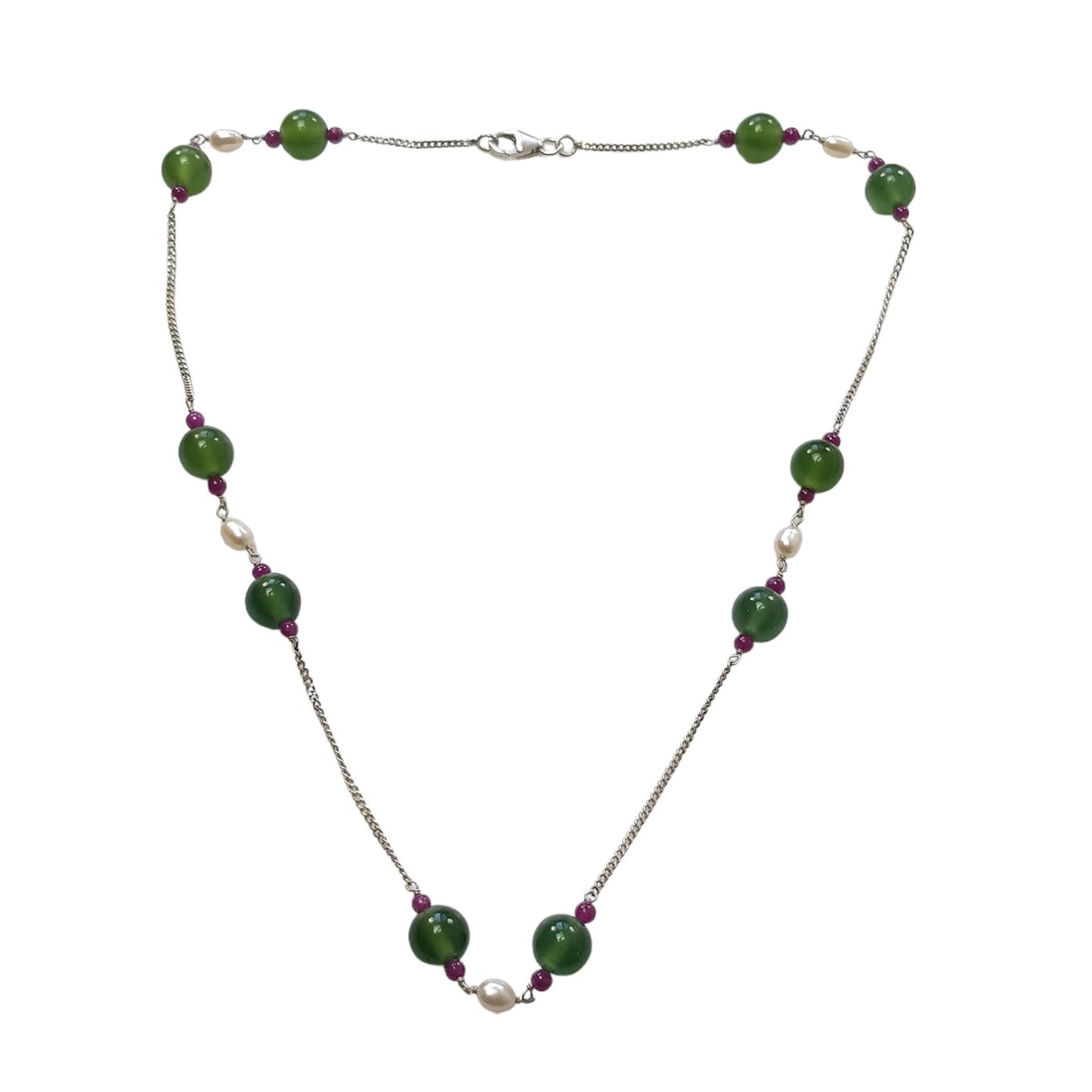 Green Serpentine & White Pearl Gemstones Beads Chain NECKLACE : 13.71gms 925 Sterling Silver Natural Plain Round Beaded Necklace 18"