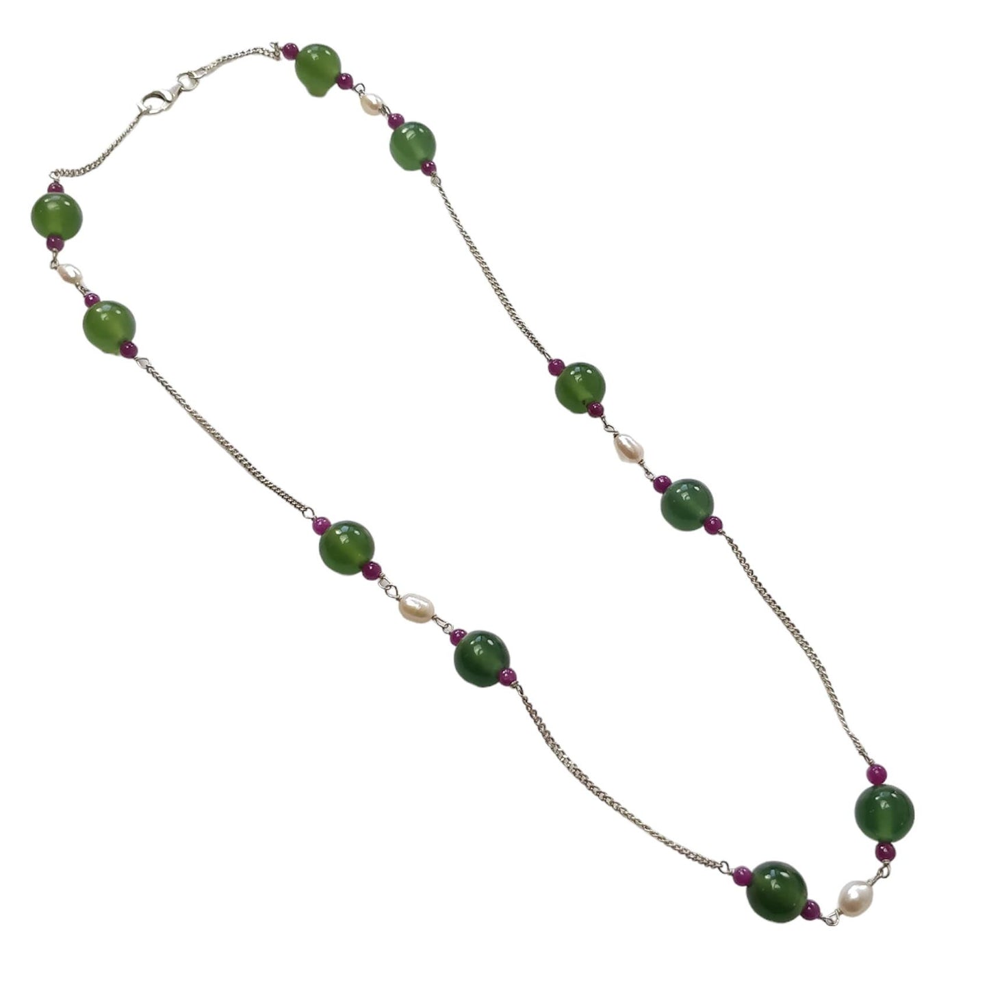 Green Serpentine & White Pearl Gemstones Beads Chain NECKLACE : 13.71gms 925 Sterling Silver Natural Plain Round Beaded Necklace 18"
