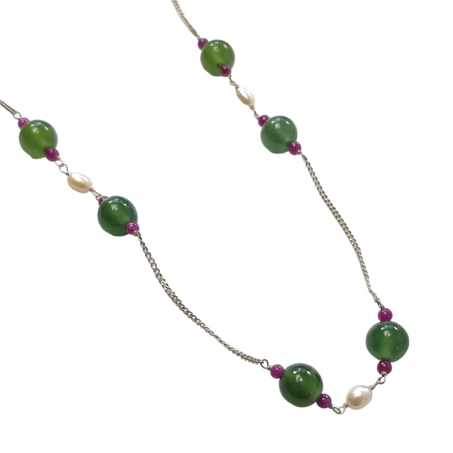 Green Serpentine & White Pearl Gemstones Beads Chain NECKLACE : 13.71gms 925 Sterling Silver Natural Plain Round Beaded Necklace 18"