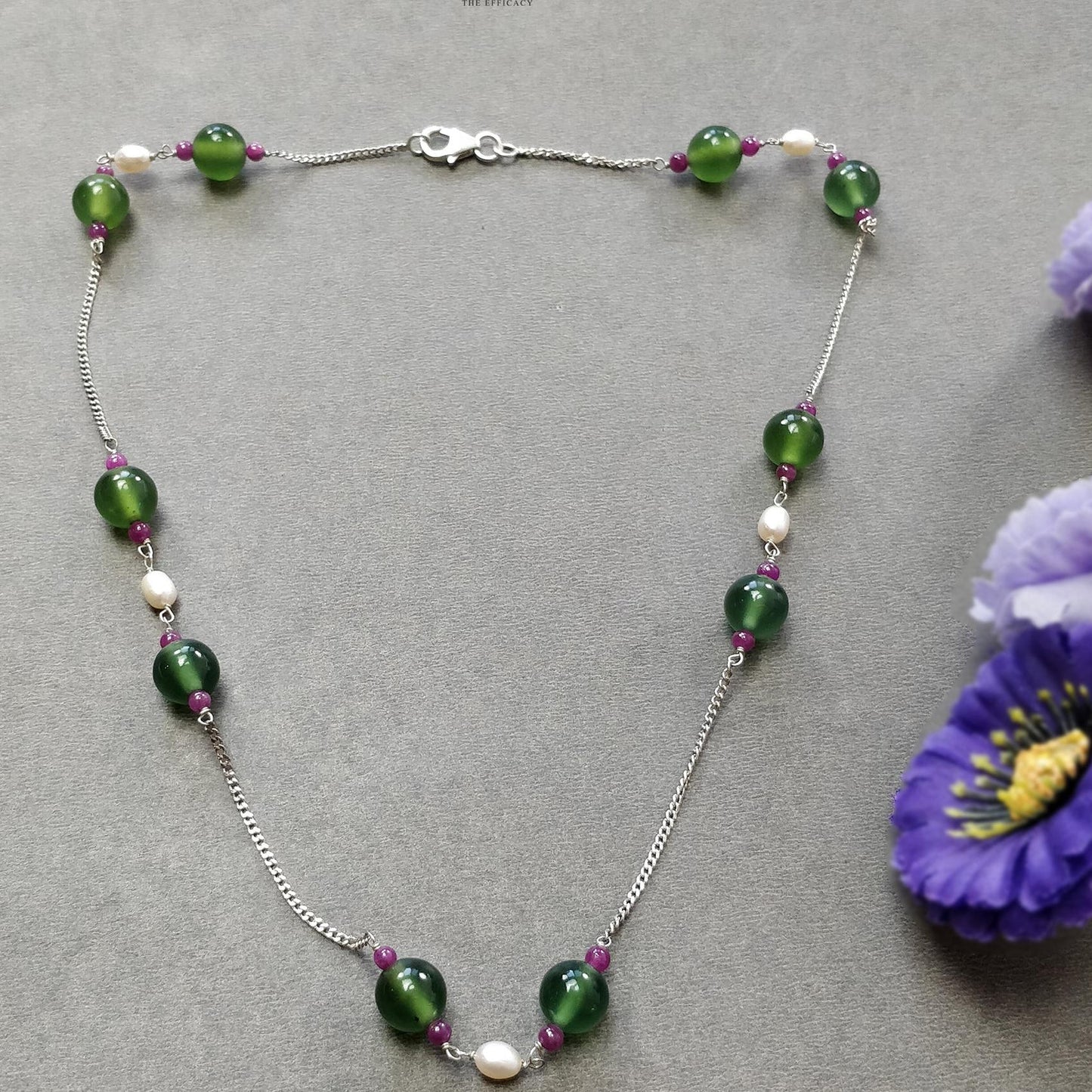 Green Serpentine & White Pearl Gemstones Beads Chain NECKLACE : 13.71gms 925 Sterling Silver Natural Plain Round Beaded Necklace 18"