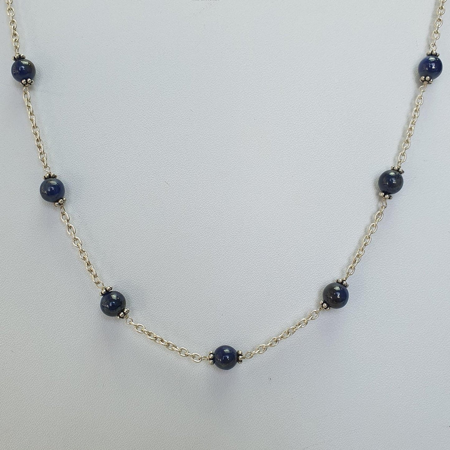 Blue Sapphire Gemstones Beads Chain NECKLACE : 13.82gms Natural Sapphire Cabochon 925 Sterling Silver Plain Beaded Necklace 19"
