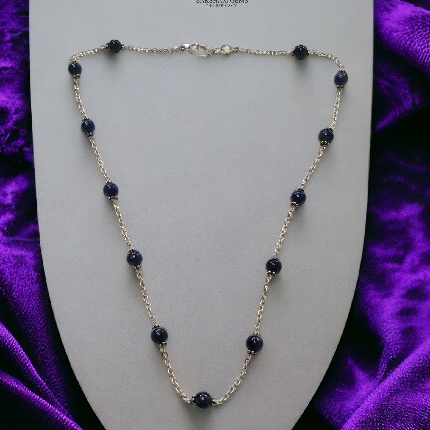 Blue Sapphire Gemstones Beads Chain NECKLACE : 13.82gms Natural Sapphire Cabochon 925 Sterling Silver Plain Beaded Necklace 19"