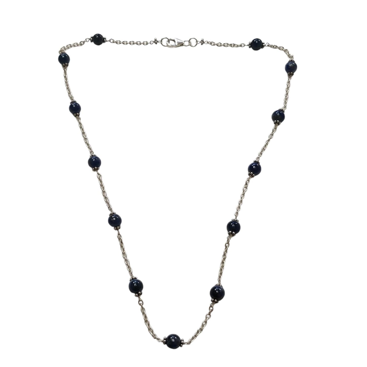 Blue Sapphire Gemstones Beads Chain NECKLACE : 13.82gms Natural Sapphire Cabochon 925 Sterling Silver Plain Beaded Necklace 19"