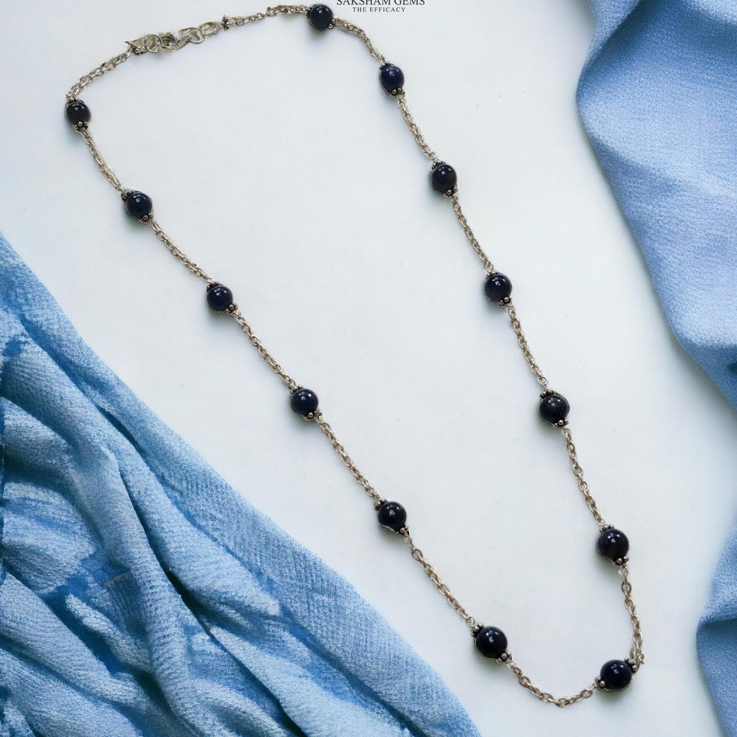 Blue Sapphire Gemstones Beads Chain NECKLACE : 13.82gms Natural Sapphire Cabochon 925 Sterling Silver Plain Beaded Necklace 19"