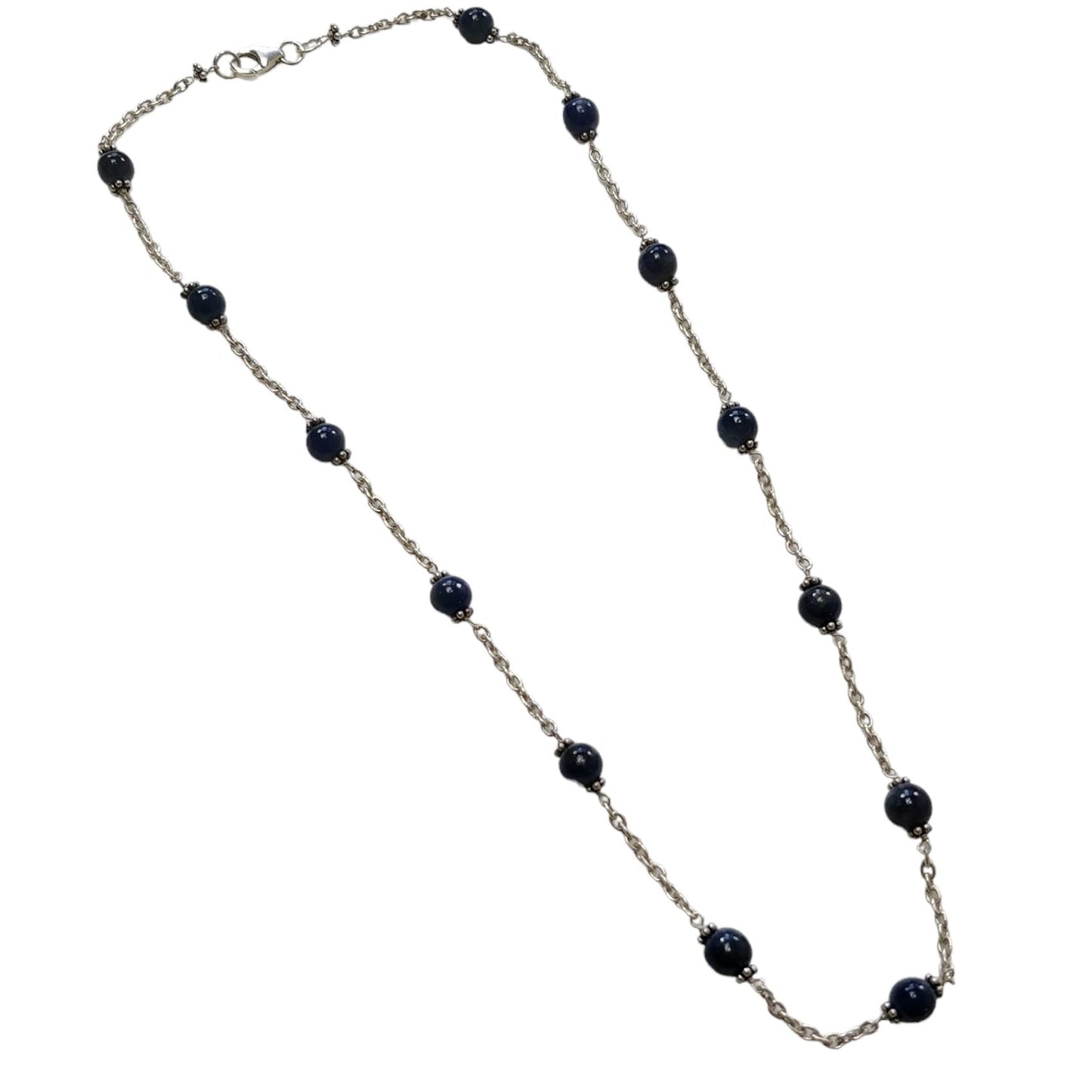 Blue Sapphire Gemstones Beads Chain NECKLACE : 13.82gms Natural Sapphire Cabochon 925 Sterling Silver Plain Beaded Necklace 19"