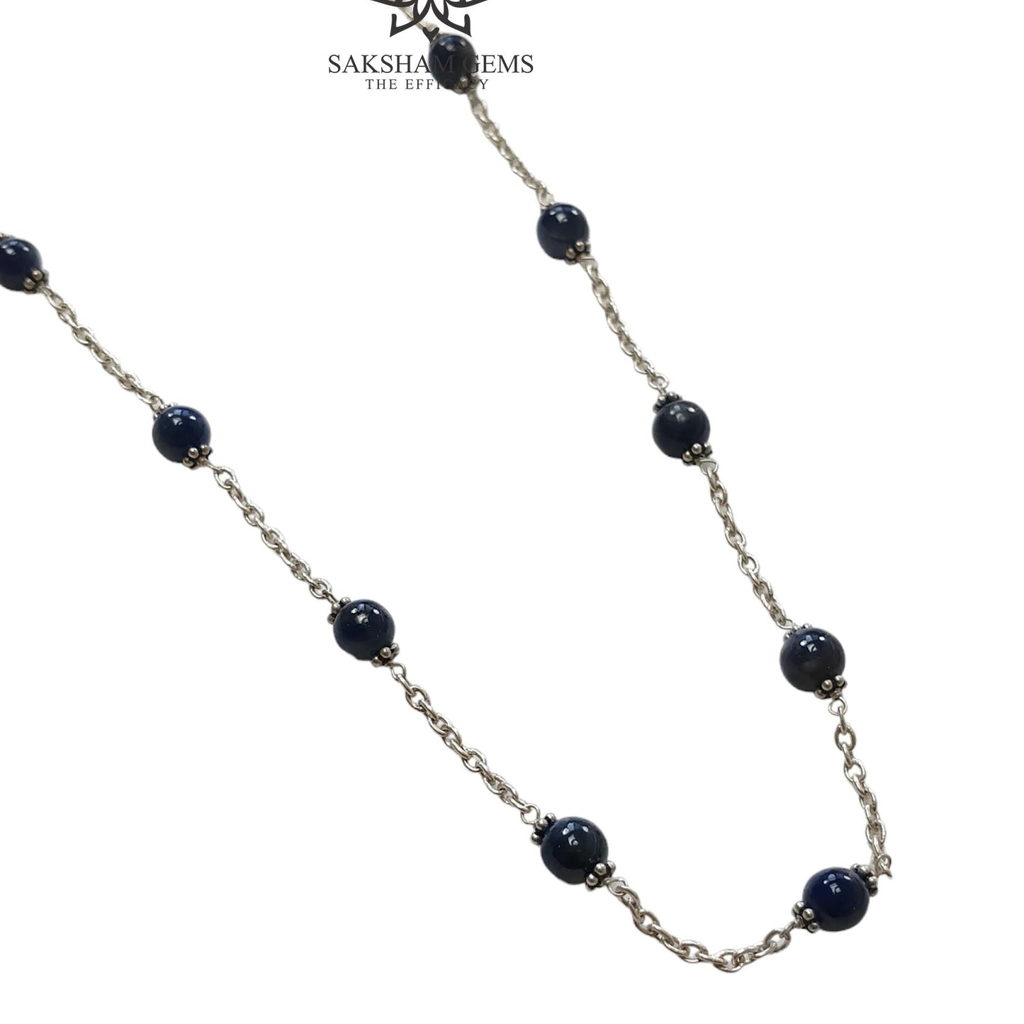 Blue Sapphire Gemstones Beads Chain NECKLACE : 13.82gms Natural Sapphire Cabochon 925 Sterling Silver Plain Beaded Necklace 19"