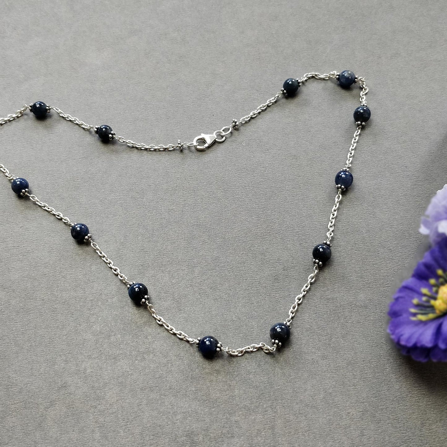 Blue Sapphire Gemstones Beads Chain NECKLACE : 13.82gms Natural Sapphire Cabochon 925 Sterling Silver Plain Beaded Necklace 19"