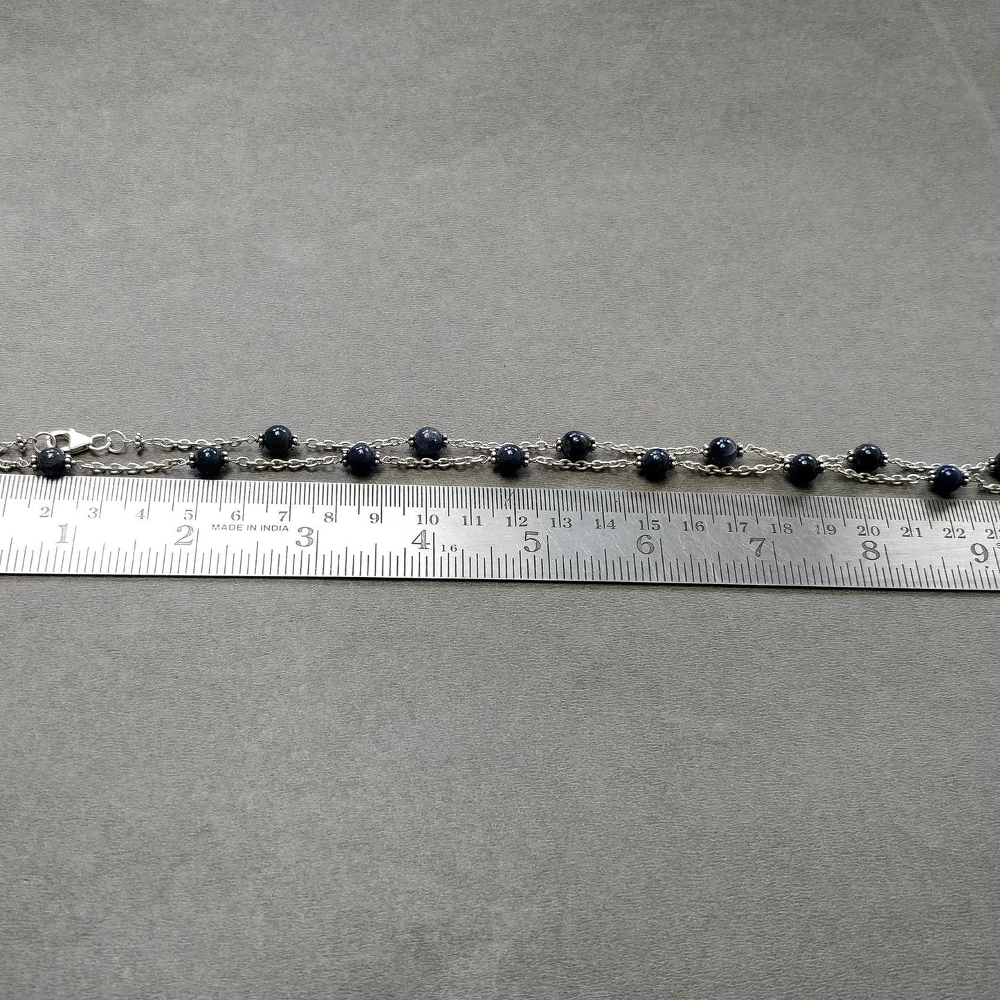 Blue Sapphire Gemstones Beads Chain NECKLACE : 13.82gms Natural Sapphire Cabochon 925 Sterling Silver Plain Beaded Necklace 19"