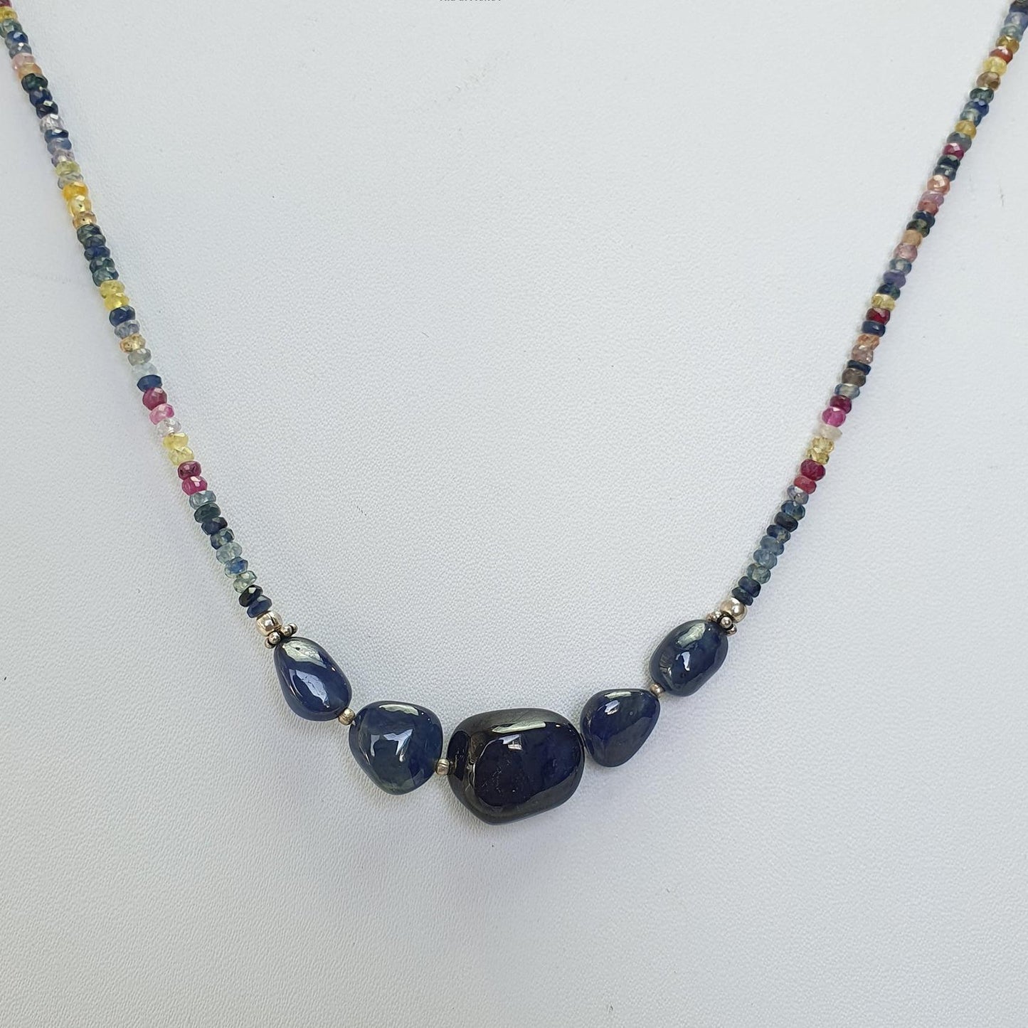 Blue & Multi Sapphire Beads Necklace : 13.87gms Natural Untreated Sapphire 925 Sterling Silver Single Strand Faceted Beaded Necklace 18"