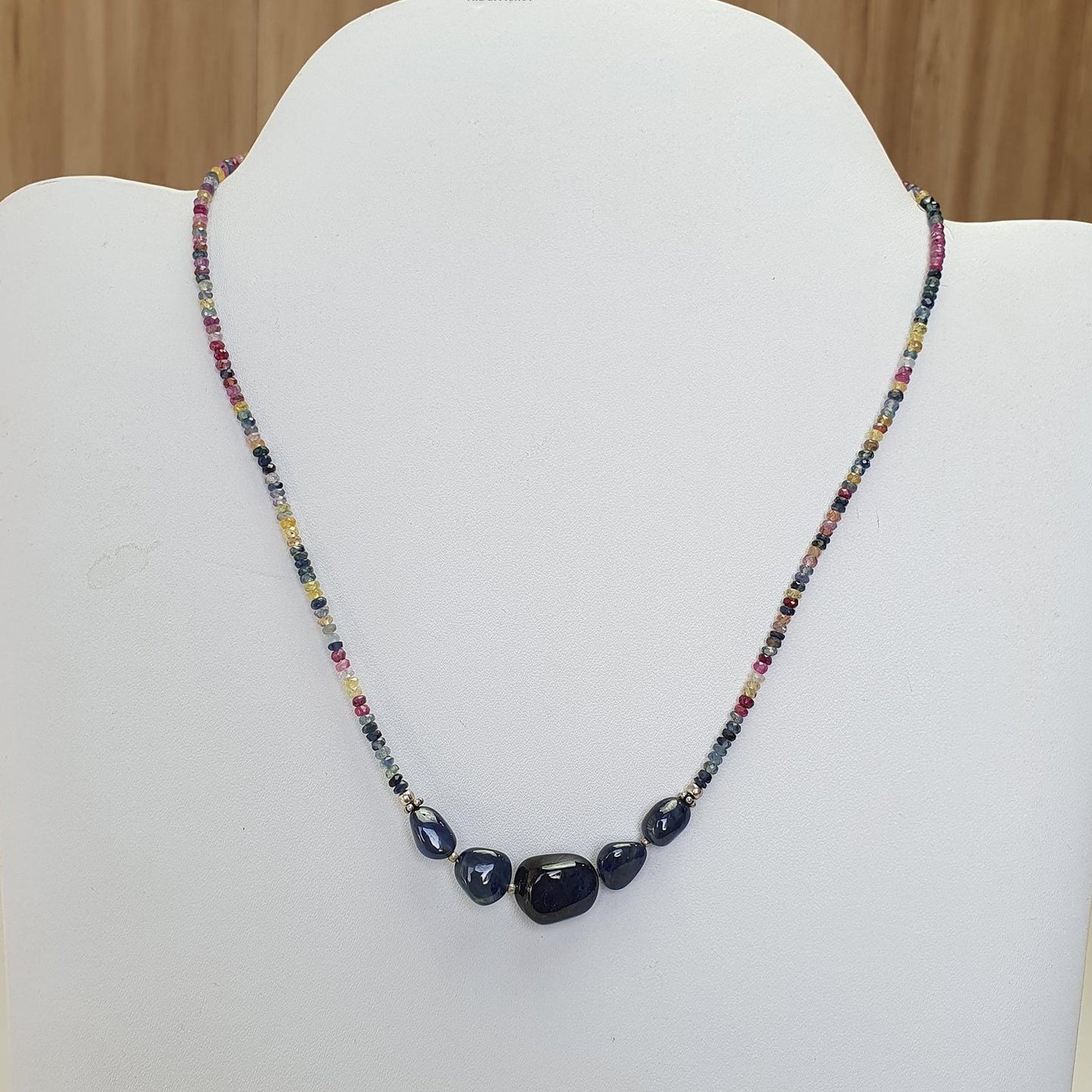 Blue & Multi Sapphire Beads Necklace : 13.87gms Natural Untreated Sapphire 925 Sterling Silver Single Strand Faceted Beaded Necklace 18"