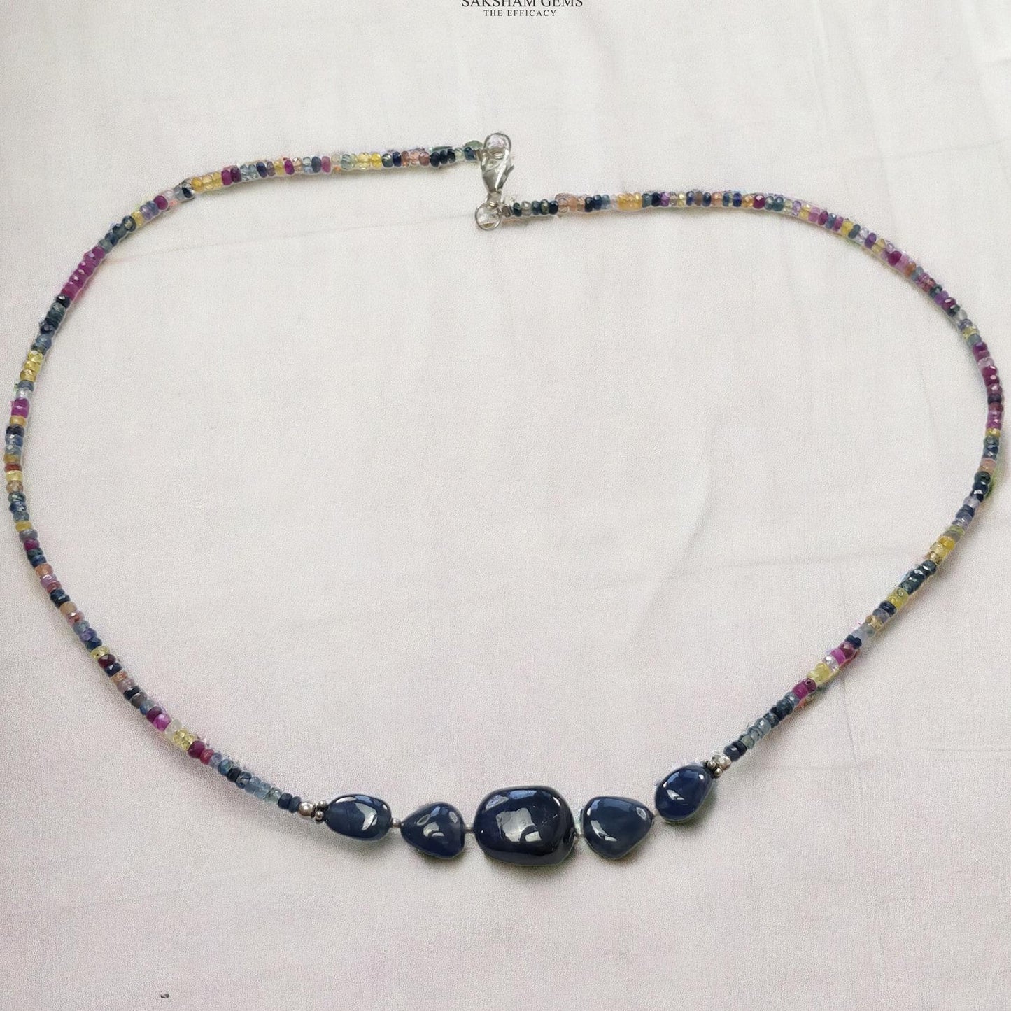Blue & Multi Sapphire Beads Necklace : 13.87gms Natural Untreated Sapphire 925 Sterling Silver Single Strand Faceted Beaded Necklace 18"