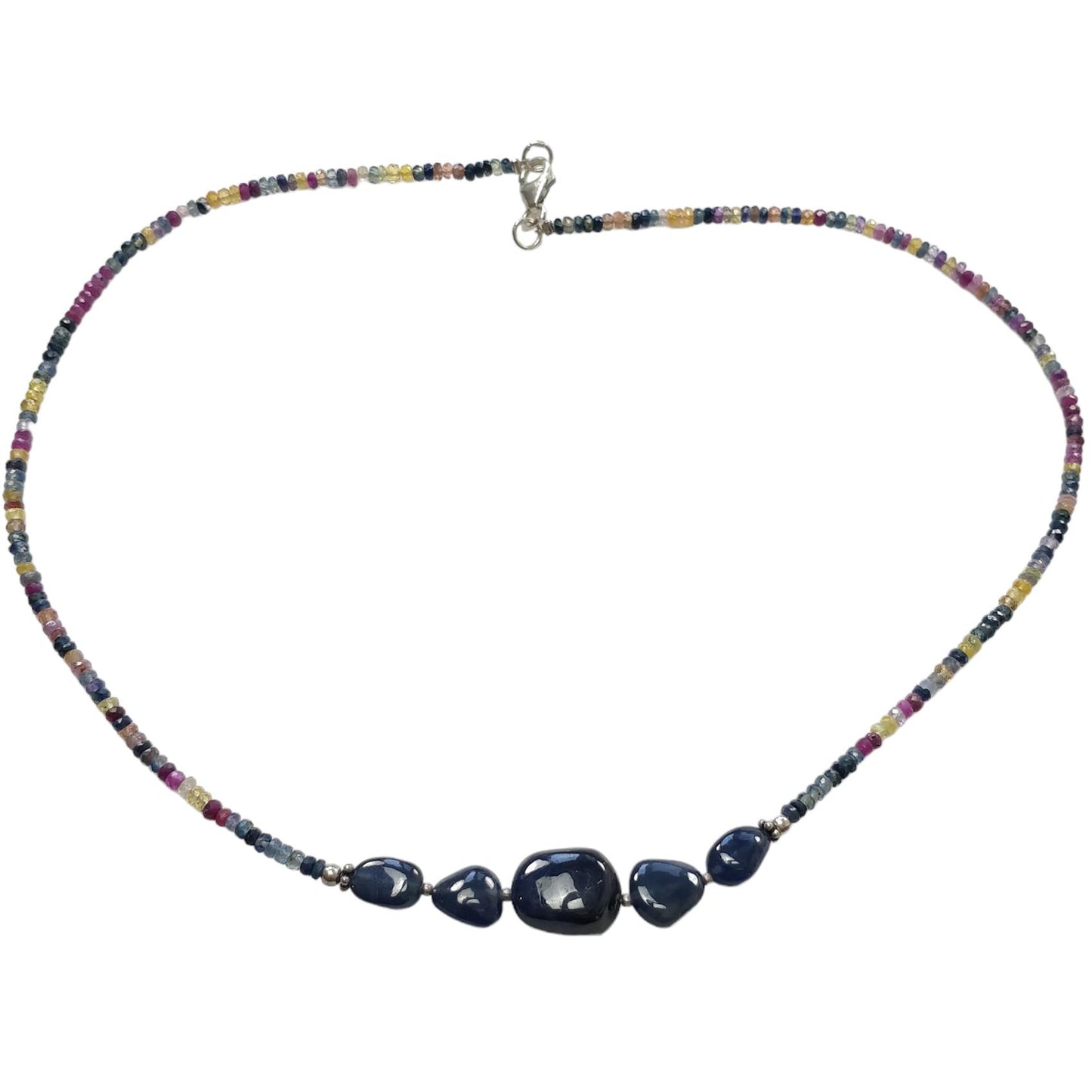Blue & Multi Sapphire Beads Necklace : 13.87gms Natural Untreated Sapphire 925 Sterling Silver Single Strand Faceted Beaded Necklace 18"