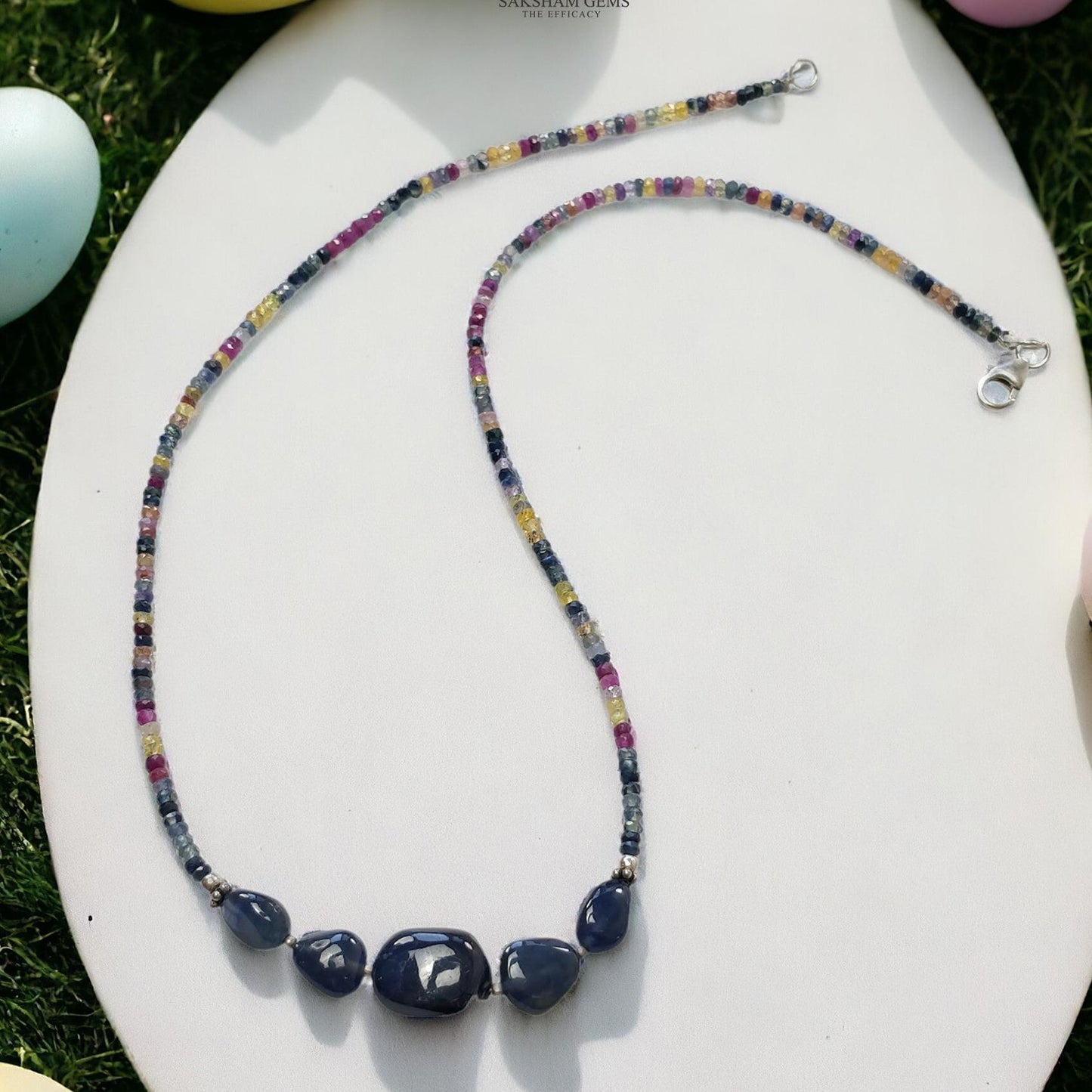 Blue & Multi Sapphire Beads Necklace : 13.87gms Natural Untreated Sapphire 925 Sterling Silver Single Strand Faceted Beaded Necklace 18"