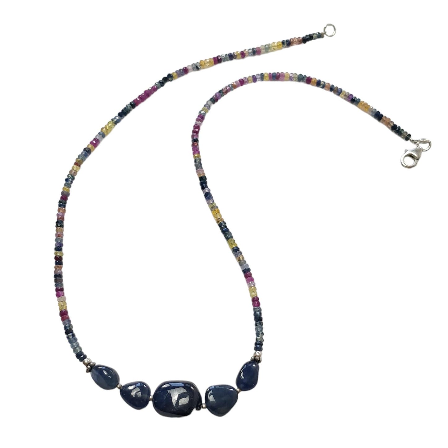 Blue & Multi Sapphire Beads Necklace : 13.87gms Natural Untreated Sapphire 925 Sterling Silver Single Strand Faceted Beaded Necklace 18"