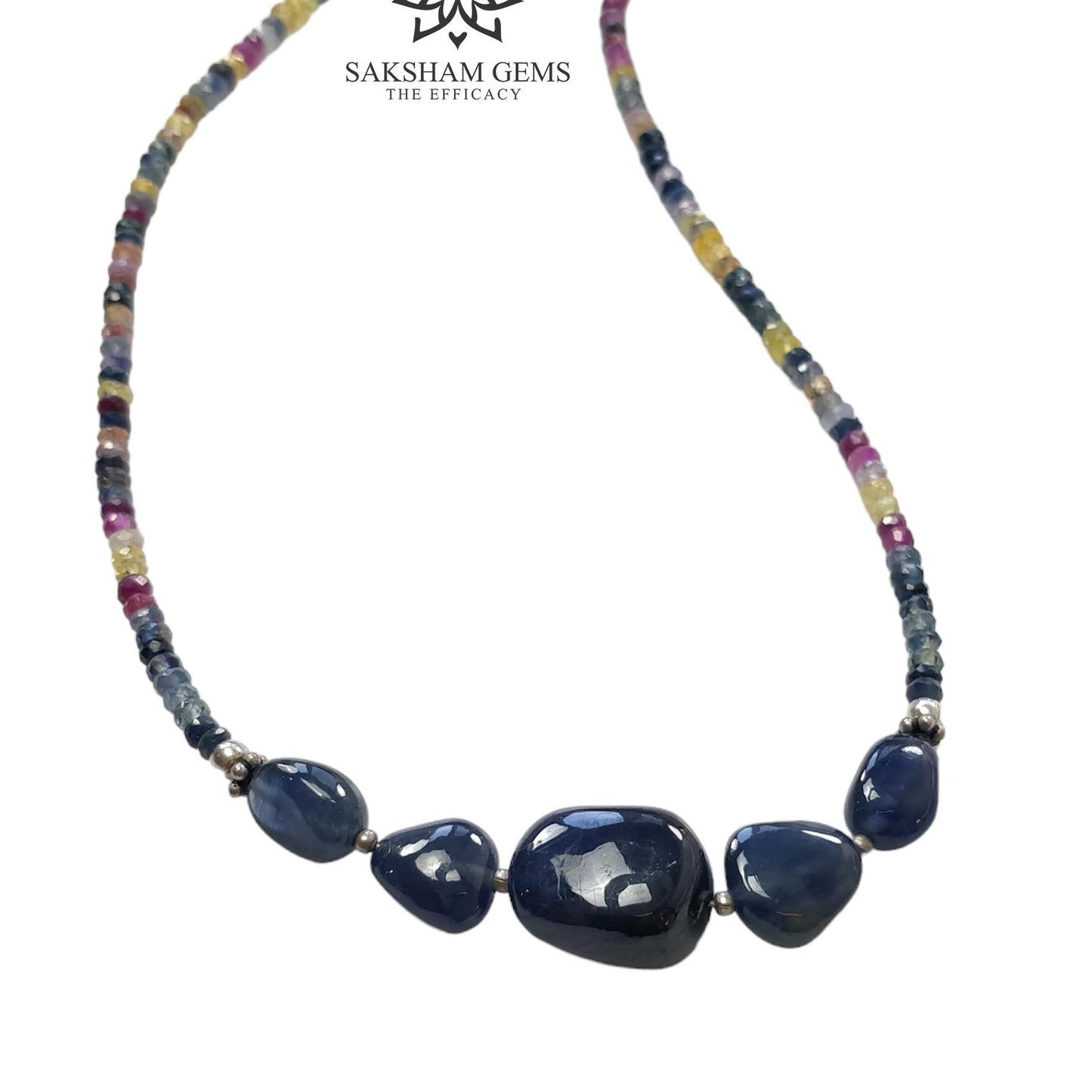 Blue & Multi Sapphire Beads Necklace : 13.87gms Natural Untreated Sapphire 925 Sterling Silver Single Strand Faceted Beaded Necklace 18"