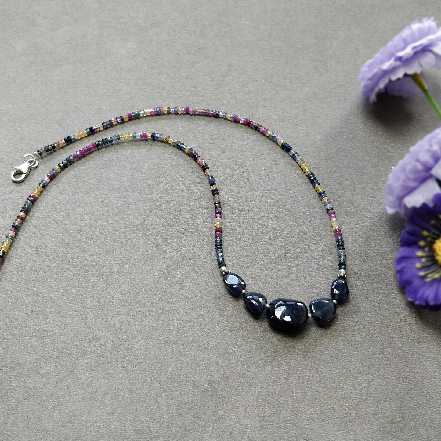 Blue & Multi Sapphire Beads Necklace : 13.87gms Natural Untreated Sapphire 925 Sterling Silver Single Strand Faceted Beaded Necklace 18"
