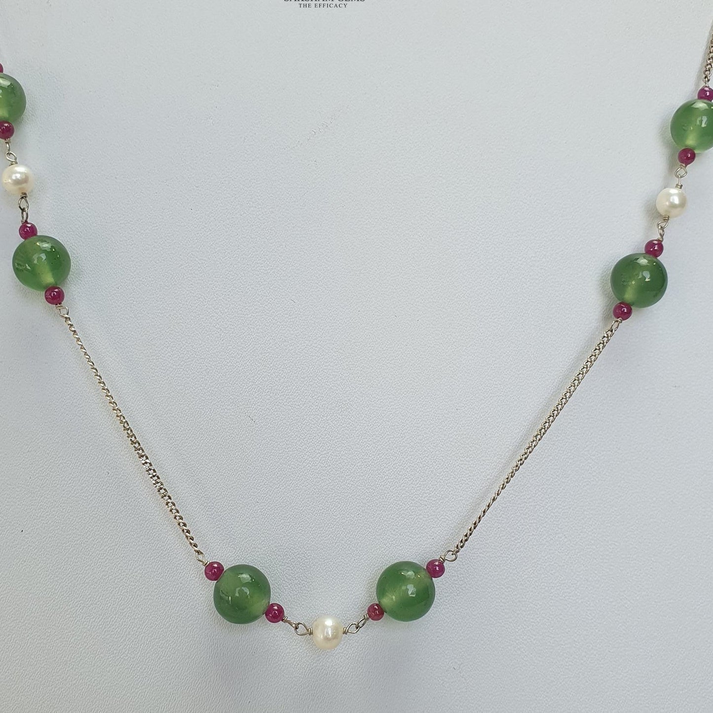 Green Serpentine & White Pearl Gemstones Beads Chain NECKLACE : 14.12gms 925 Natural Serpentine Plain Round Beaded Necklace 19"