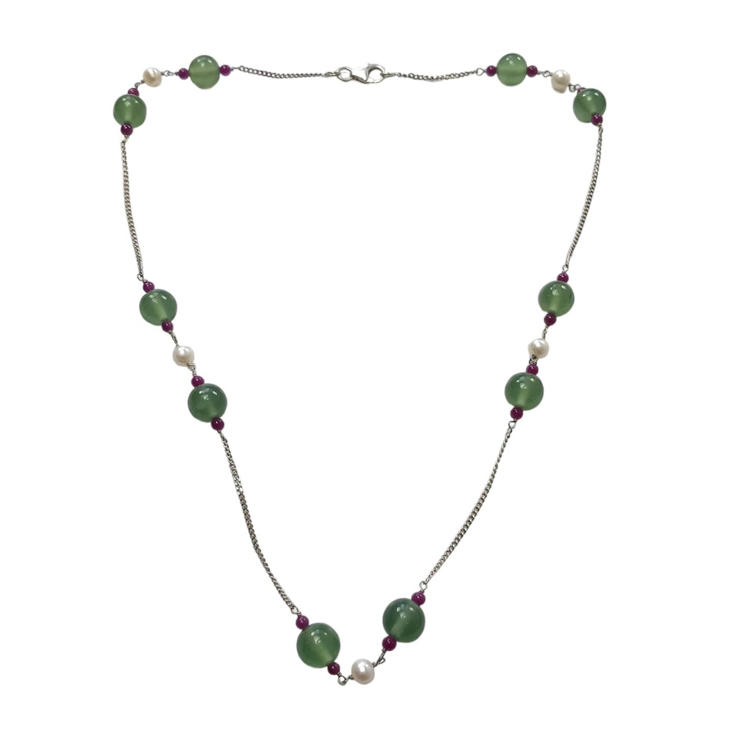 Green Serpentine & White Pearl Gemstones Beads Chain NECKLACE : 14.12gms 925 Natural Serpentine Plain Round Beaded Necklace 19"