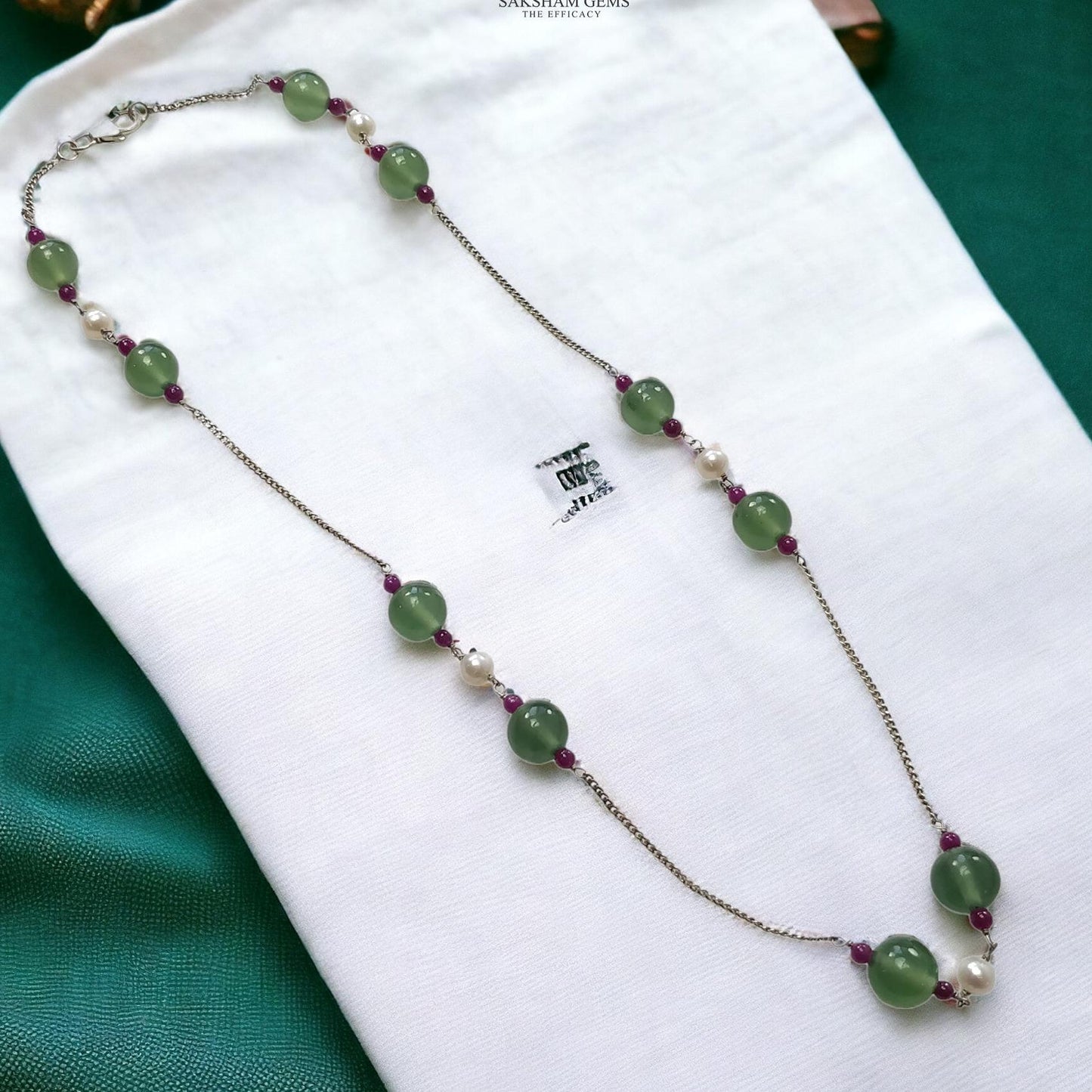 Green Serpentine & White Pearl Gemstones Beads Chain NECKLACE : 14.12gms 925 Natural Serpentine Plain Round Beaded Necklace 19"