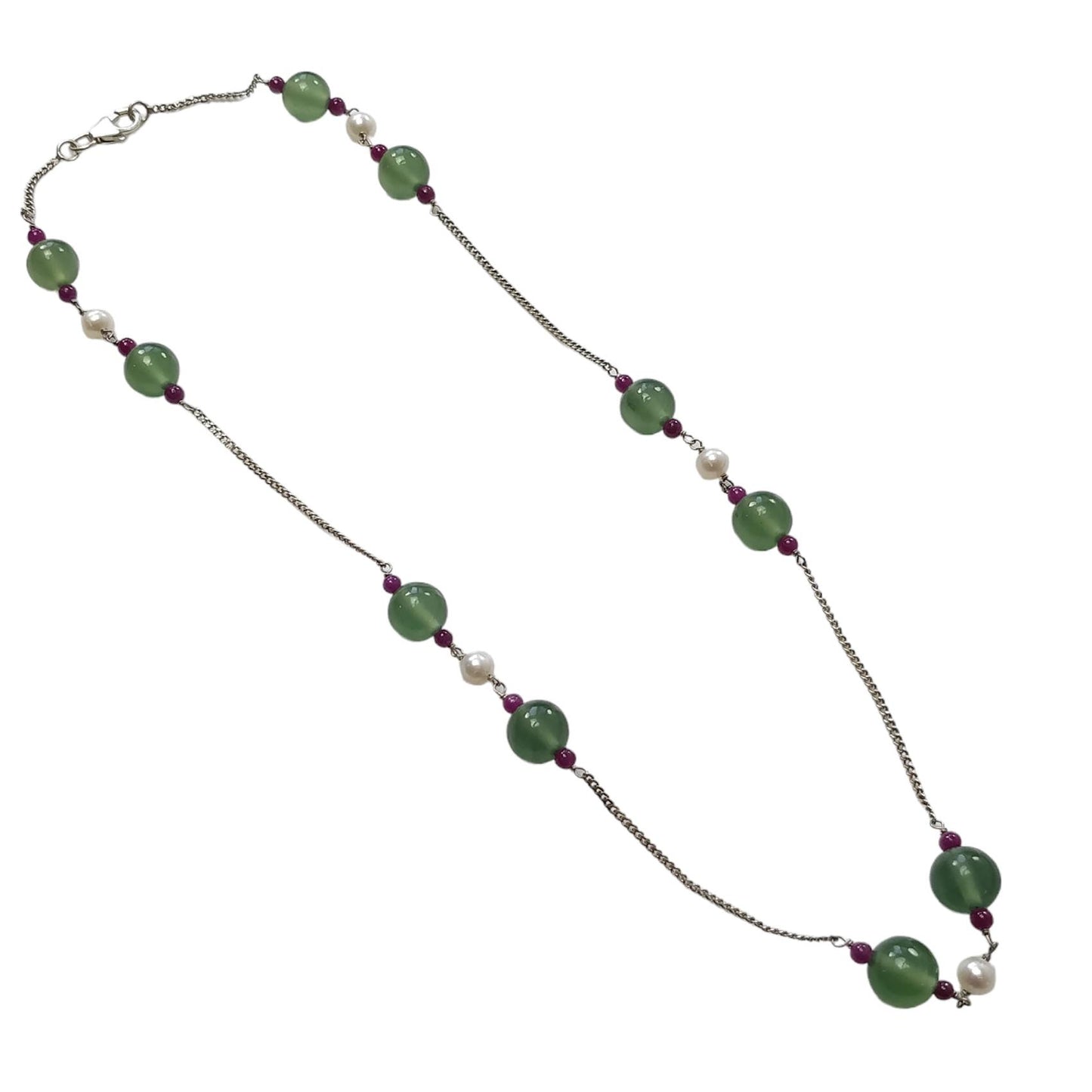 Green Serpentine & White Pearl Gemstones Beads Chain NECKLACE : 14.12gms 925 Natural Serpentine Plain Round Beaded Necklace 19"