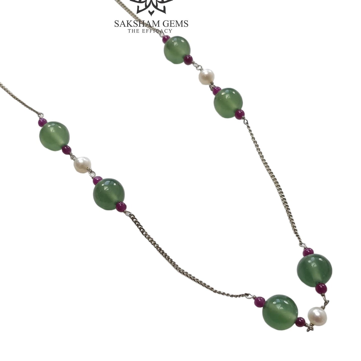 Green Serpentine & White Pearl Gemstones Beads Chain NECKLACE : 14.12gms 925 Natural Serpentine Plain Round Beaded Necklace 19"