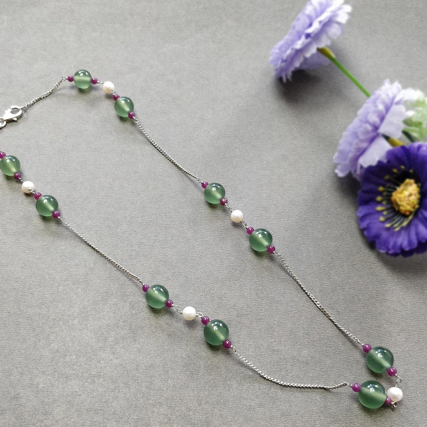 Green Serpentine & White Pearl Gemstones Beads Chain NECKLACE : 14.12gms 925 Natural Serpentine Plain Round Beaded Necklace 19"