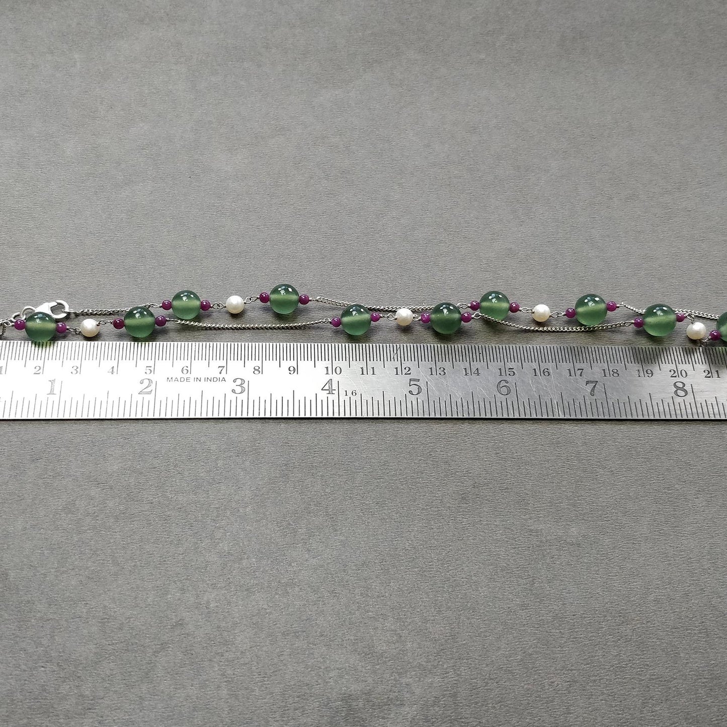 Green Serpentine & White Pearl Gemstones Beads Chain NECKLACE : 14.12gms 925 Natural Serpentine Plain Round Beaded Necklace 19"