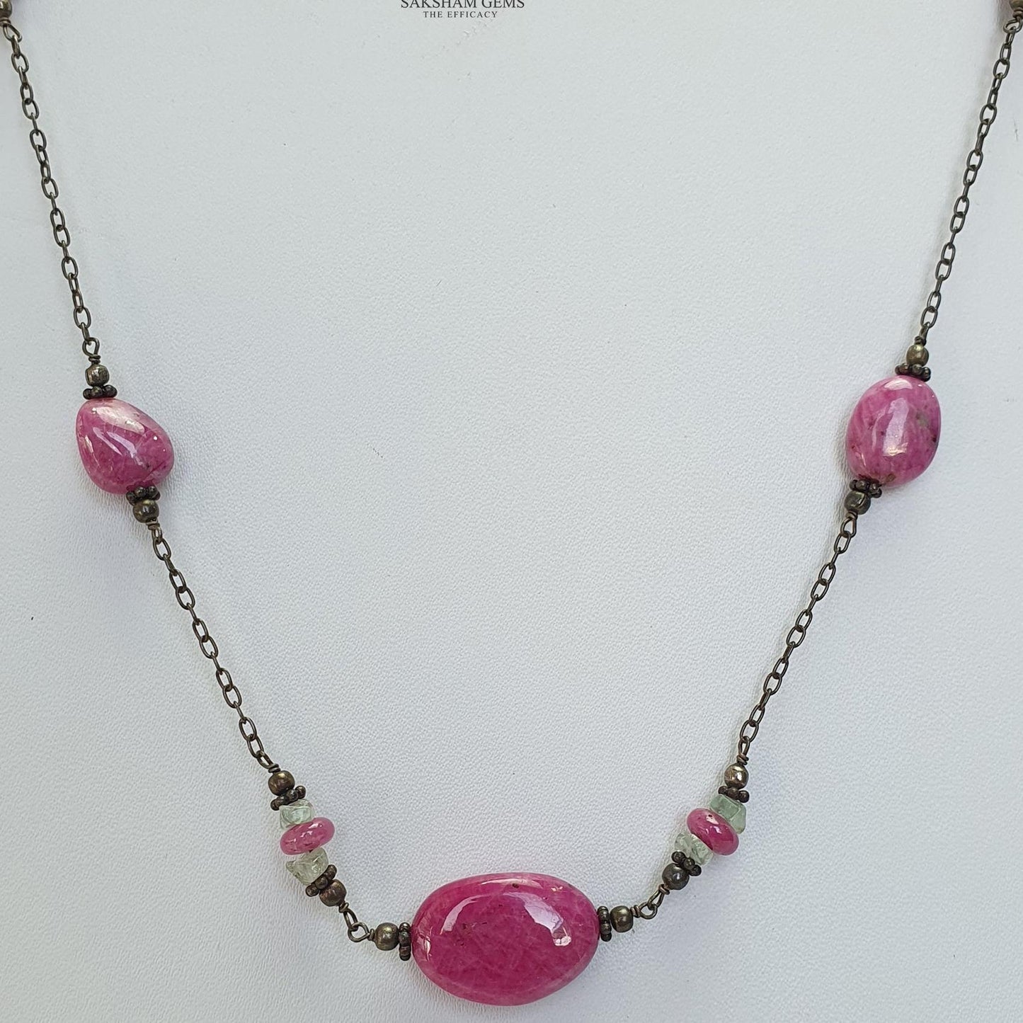 RUBY & EMERALD Gemstone 925 Sterling Silver Beaded Necklace : 17.41gms Natural Zoisite Ruby Untreated Plain Beaded Necklace 16"