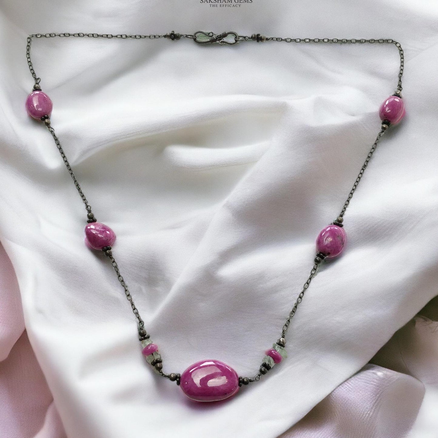 RUBY & EMERALD Gemstone 925 Sterling Silver Beaded Necklace : 17.41gms Natural Zoisite Ruby Untreated Plain Beaded Necklace 16"