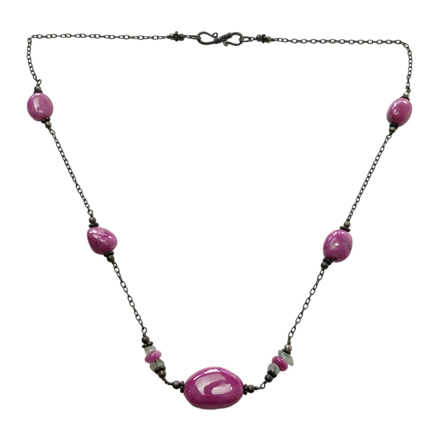 RUBY & EMERALD Gemstone 925 Sterling Silver Beaded Necklace : 17.41gms Natural Zoisite Ruby Untreated Plain Beaded Necklace 16"