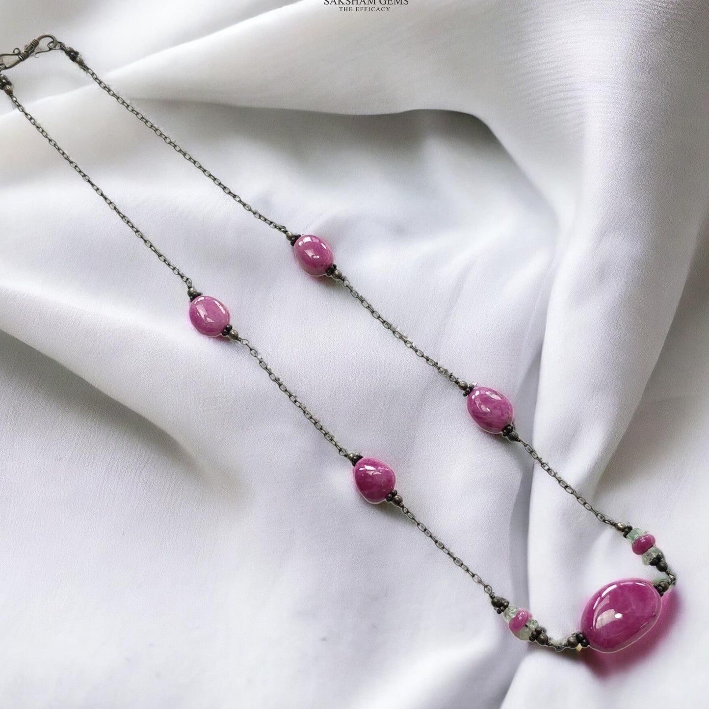 RUBY & EMERALD Gemstone 925 Sterling Silver Beaded Necklace : 17.41gms Natural Zoisite Ruby Untreated Plain Beaded Necklace 16"