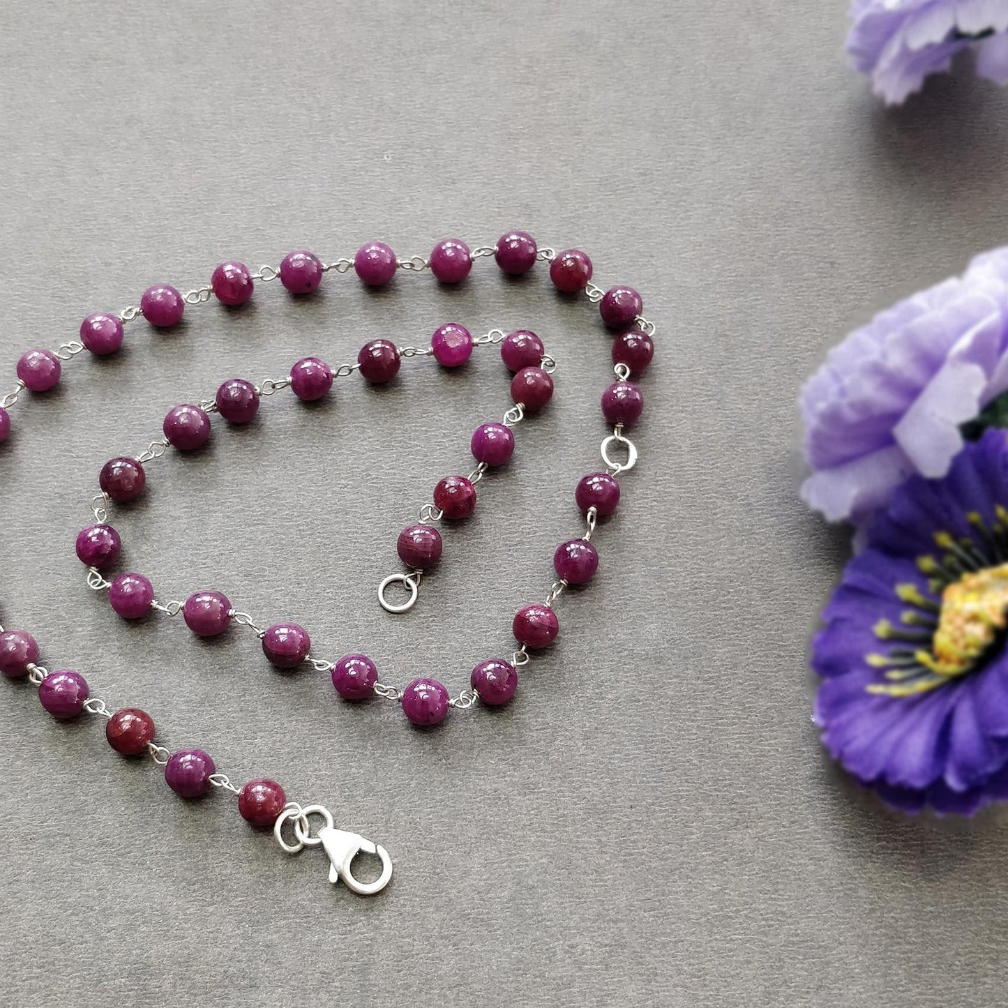 RUBY Gemstone With 925 Sterling Silver Beaded NECKLACE : 17.72gms Natural Untreated Plain Round Shape Beaded Necklace 19"